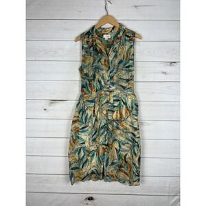 The Korner Dress Womens Medium Linen Sleeveless Button Front Leaf Print Boho